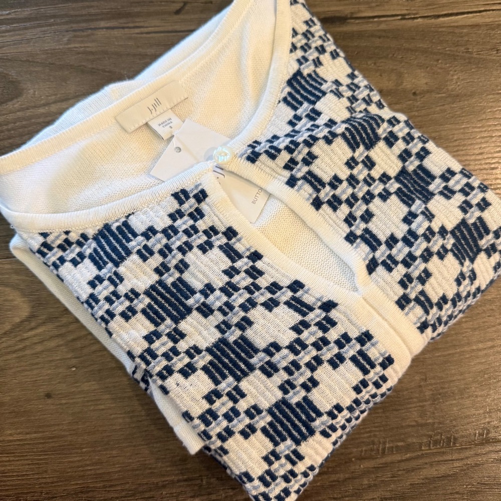J. Jill Short Sleeve Sweater Tunic White Blue Geometric Intarsia Keyhole Small